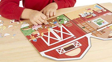Melissa & Doug’s sticker books include a bunch of puffy, reuable stickers that kids can place and move around the pages to create scenes.